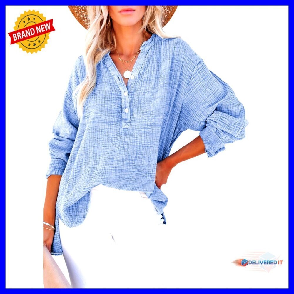 Oversized Button-Down Blouse V-Neck Long Sleeve Casual Chic Minimalist Top